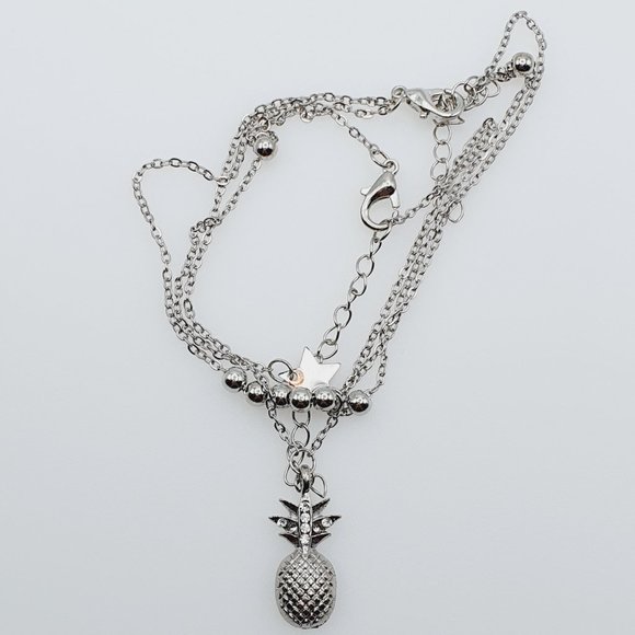 "925 Sterling Silver Plated CZ Pineapple Three Chains Anklet, GPMB1693 - Picture 2 of 2